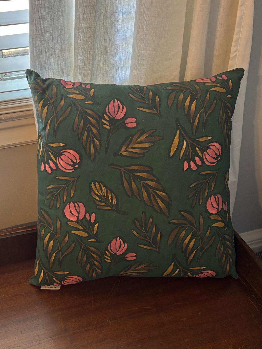 Green Botanical Floral Accent Pillow with Pink Blooms